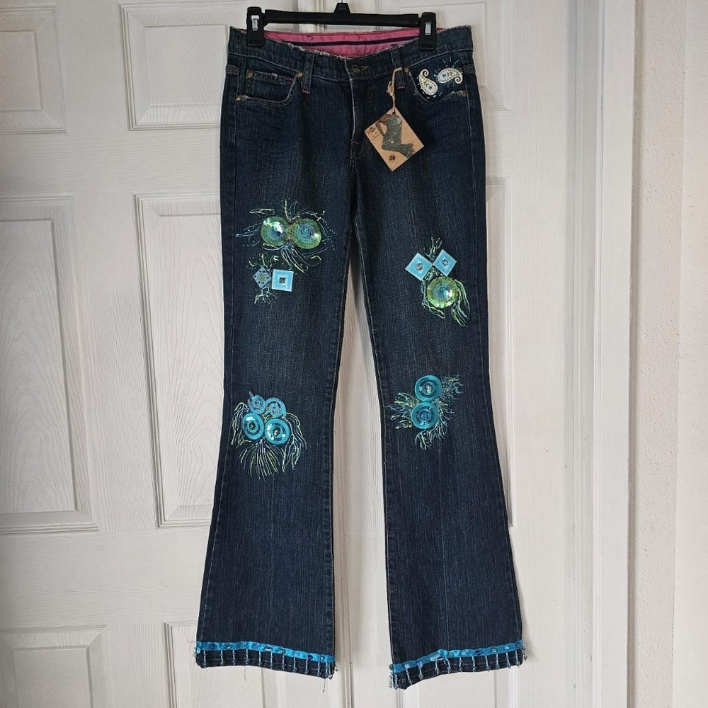 Embellished Dark Blue Flare Jeans with Turquoise Accents